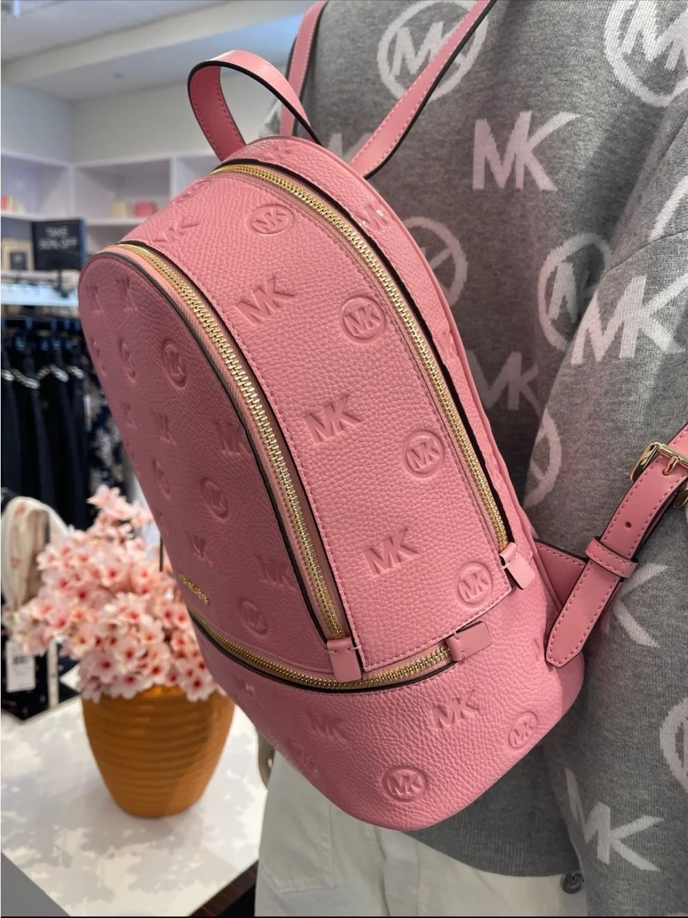 Michael Kors Rhea Medium Zip MK Logo Debossed Backpack Carnation NWT